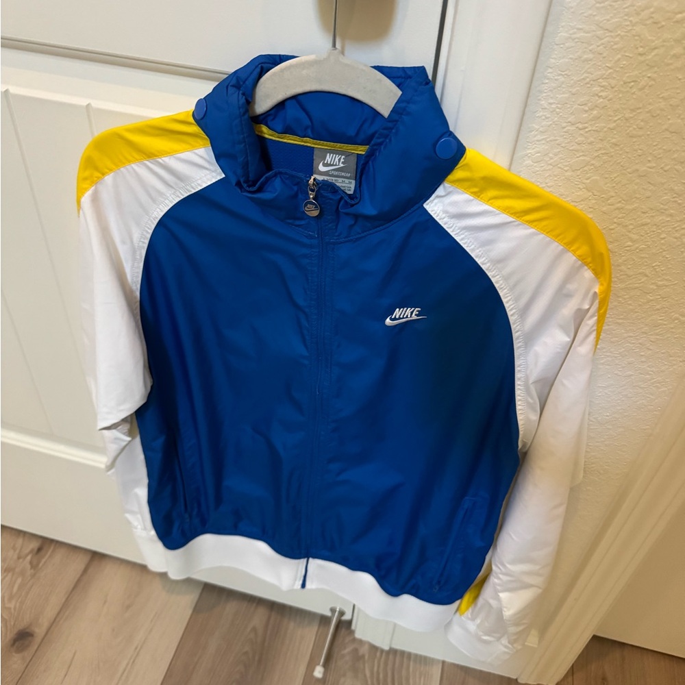 Nike Blue and White Lightweight Track Jacket with Yellow Accents & Optional Hood